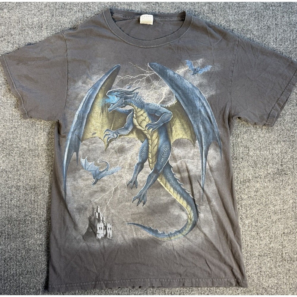 Blue Dragon Fantasy Graphic T Shirt Medieval Castle Lightning Mens Small Gray